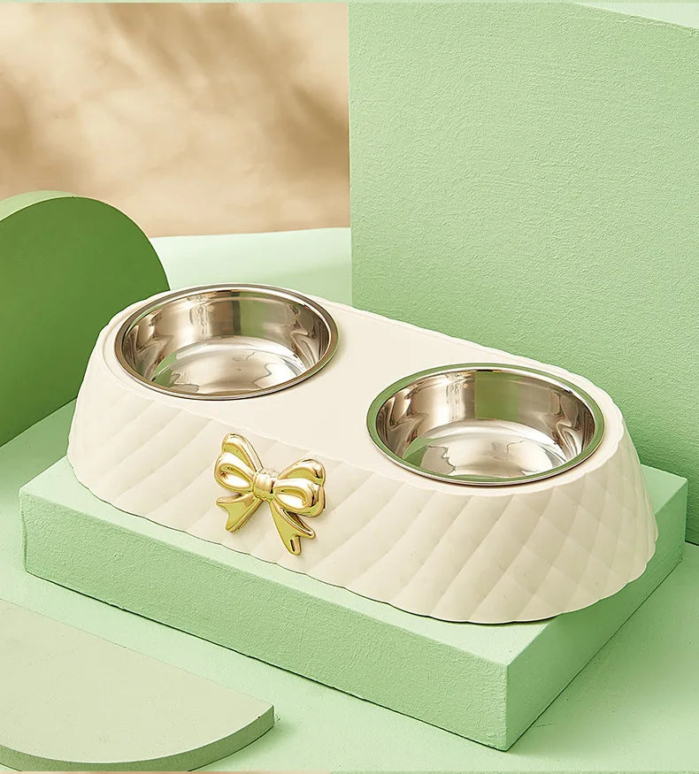 Pet Cat Food Bowl PP Base Bow-tie Bowknot Cat Feeder Stainless Steel Double Bowl Dog Food Feeding Drinking Container Pet Supplie