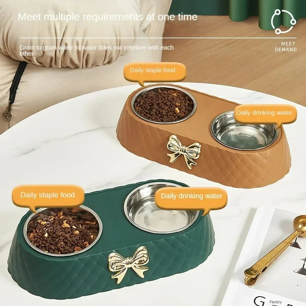 Pet Cat Food Bowl PP Base Bow-tie Bowknot Cat Feeder Stainless Steel Double Bowl Dog Food Feeding Drinking Container Pet Supplie
