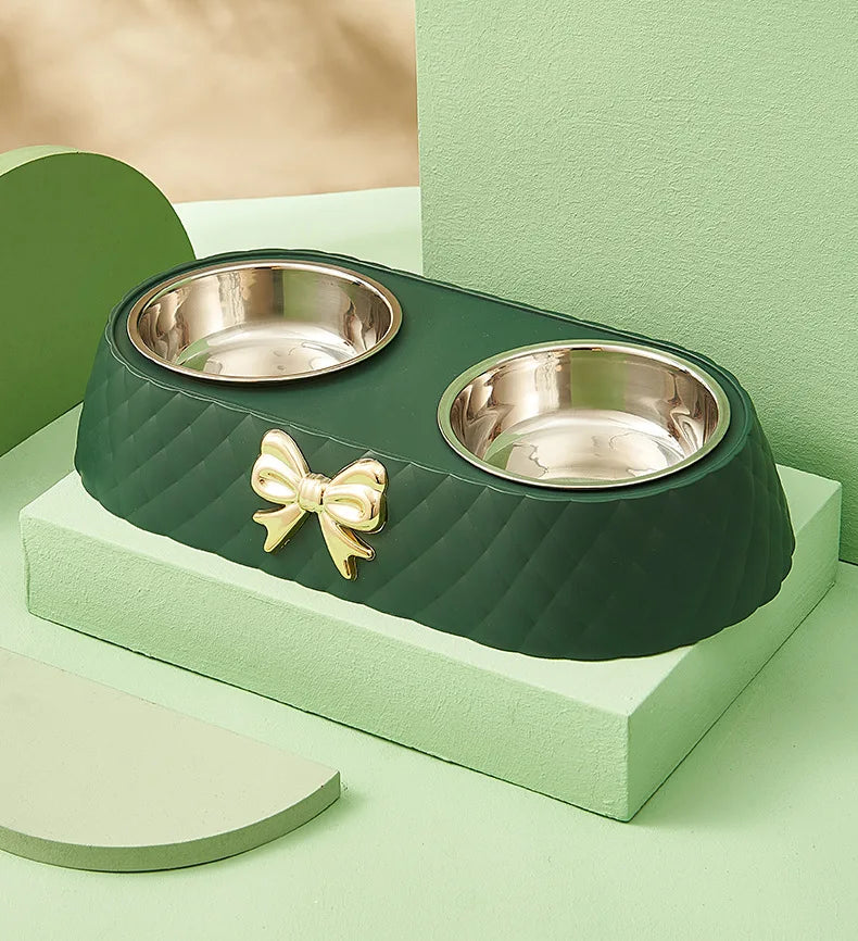 Pet Cat Food Bowl PP Base Bow-tie Bowknot Cat Feeder Stainless Steel Double Bowl Dog Food Feeding Drinking Container Pet Supplie