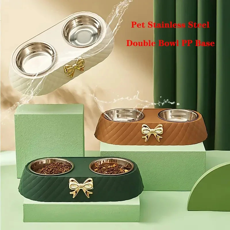 Pet Cat Food Bowl PP Base Bow-tie Bowknot Cat Feeder Stainless Steel Double Bowl Dog Food Feeding Drinking Container Pet Supplie