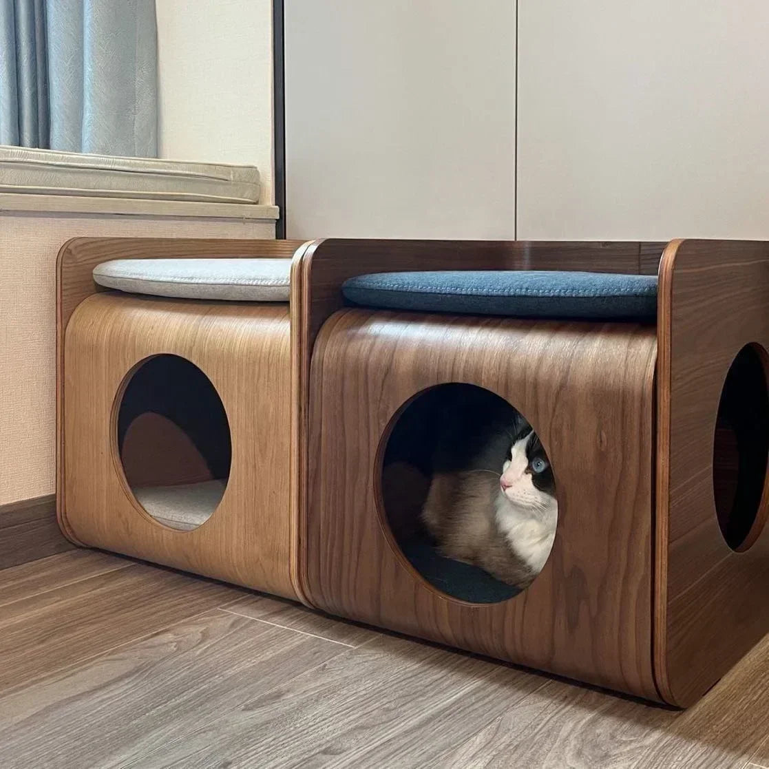 Pet Home Design Curved Wood Bedside Table Cat Nest House Multifunctional Cat Bed
