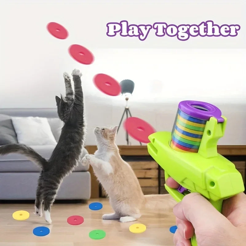 Cat Dog Toy with Colorful Flying Discs Set, Pet Toy Gun Launcher Interactive Toys for Kitten Indoor &amp; Outdoor Training Chasing